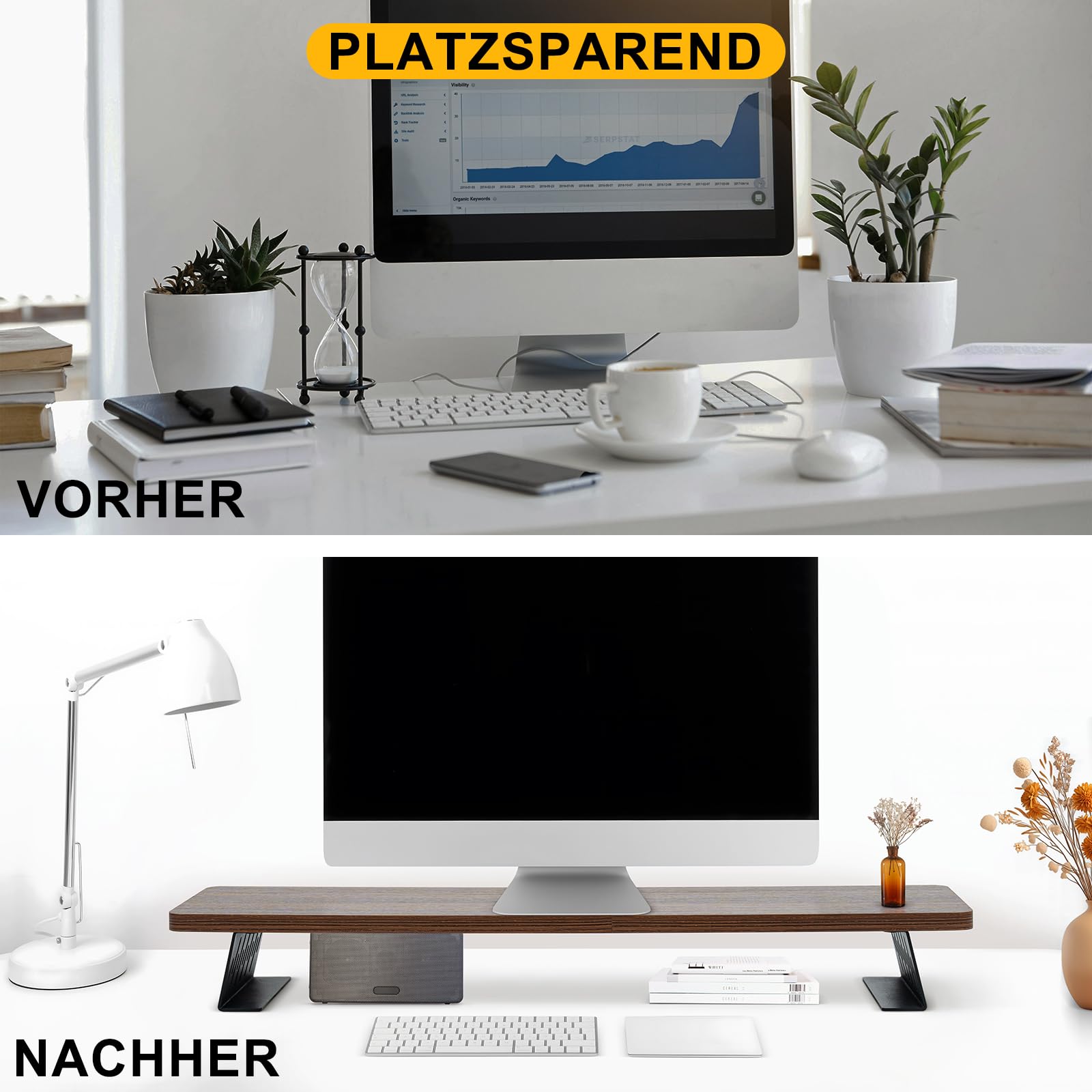 Monitorständer Holz 80cm mit Metallfüße, Braun, für Laptop PC TV