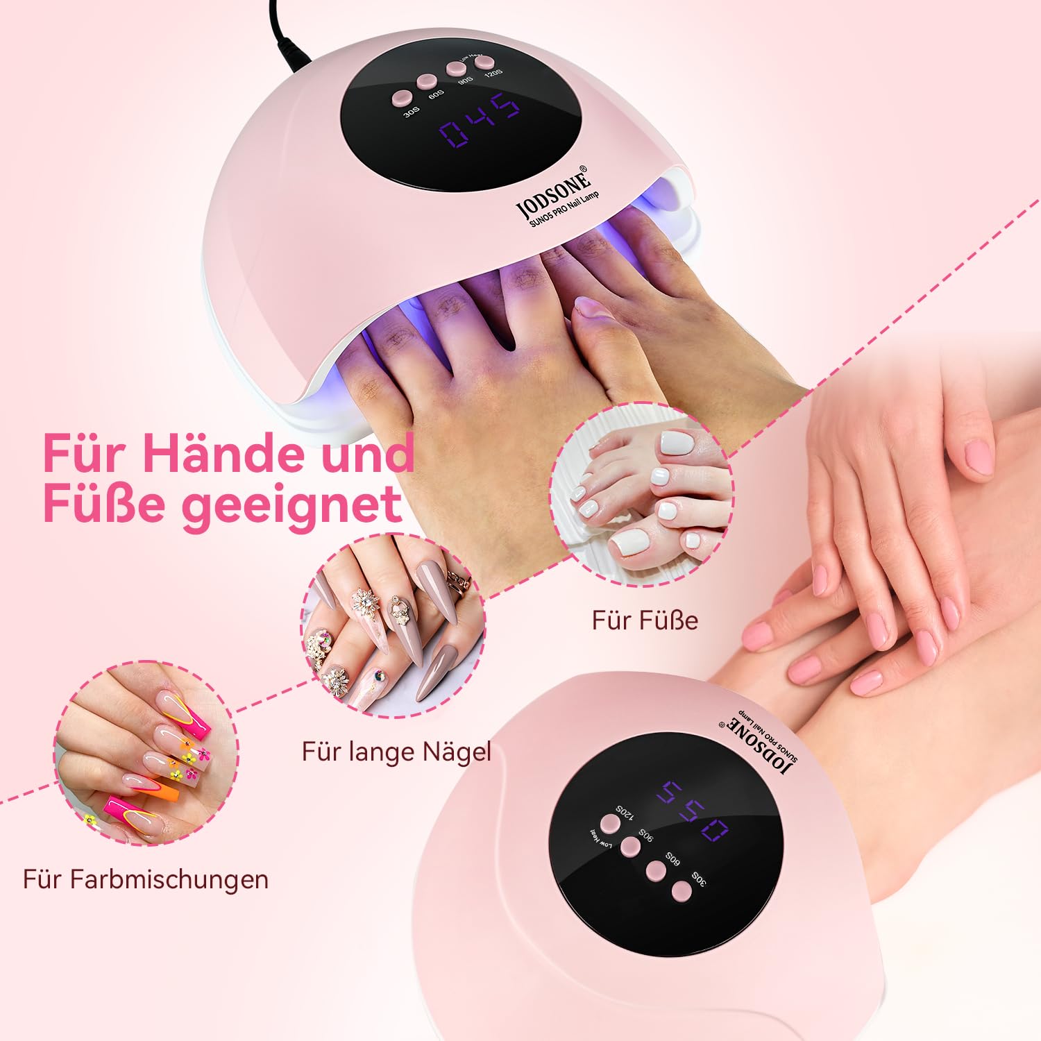 JODSONE UV-Nagellampe, LED-Gel-Nageltrockner, tragbare Gel-Nagellampe mit Auto-Sensor und 4 Timern, für den Heimsalon, Nagelwerkzeuge, Rosa