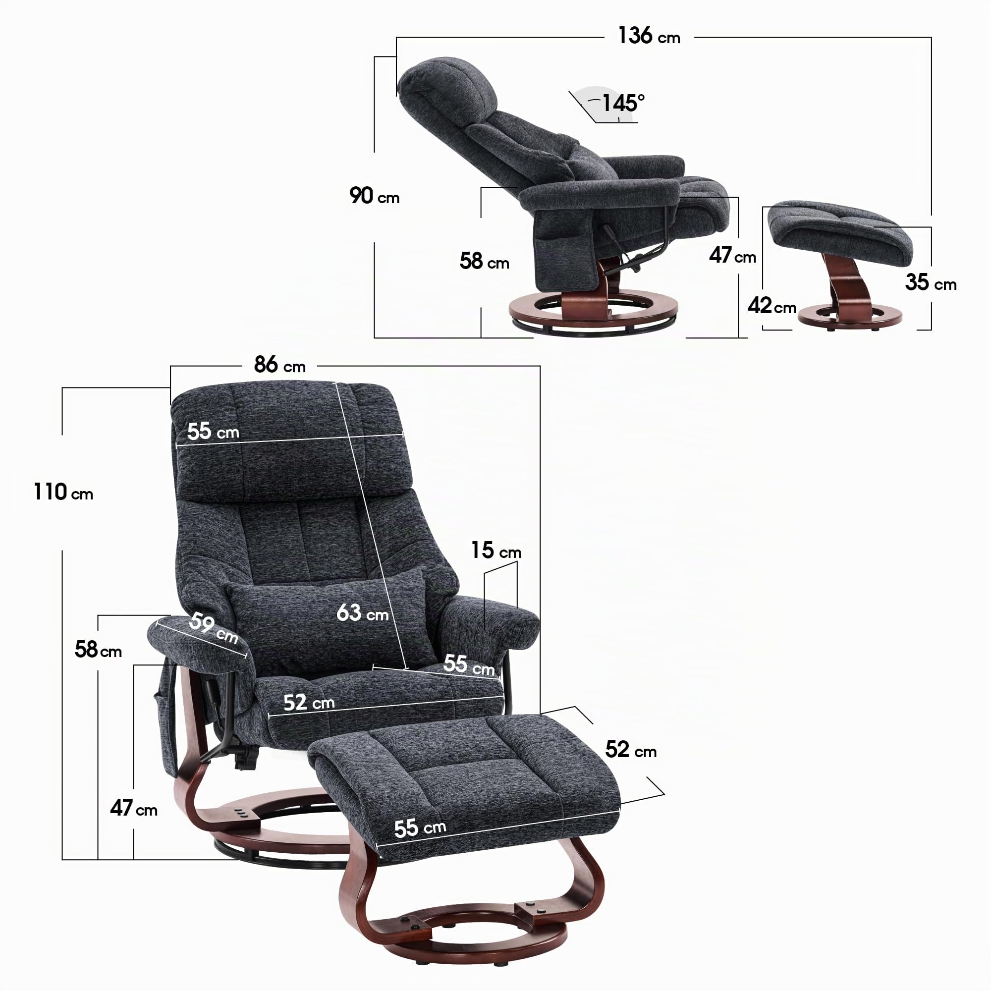 M MCombo 9066 Fauteuil Relax avec Pouf, pivotant,avec Fonction Chaise Longue, avec Coussin et Poche latérale, sans Fonction Massage, Tissu, Gris foncé