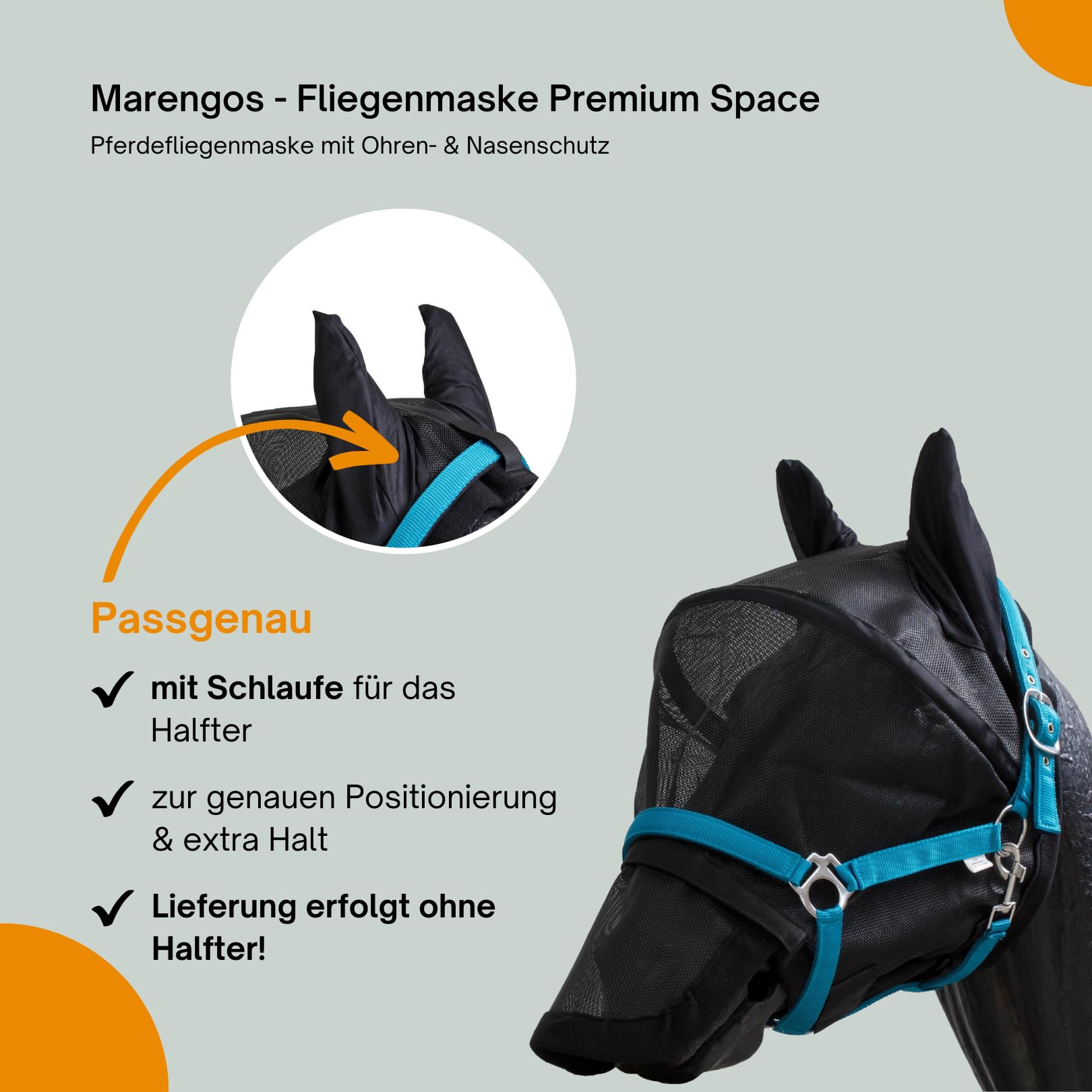 Marengos - Fliegenmaske mit Ohren- & Nasenschutz Premium Space | Pferdefliegenmaske in Schwarz | mit Elastikeinsätzen & Klettverschluss | extra Freiraum für die Augen | Pferde Zubehör Vollblut
