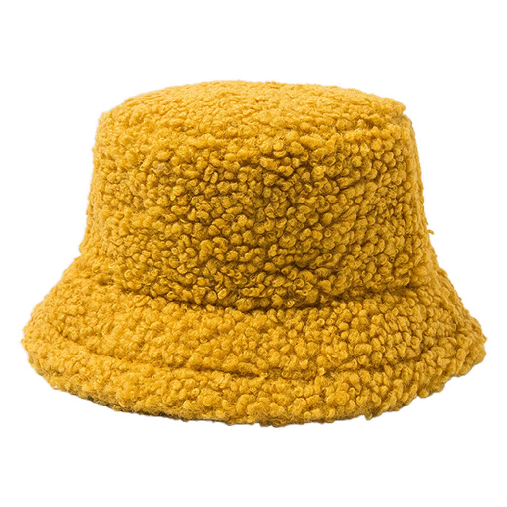 Morain Unisex Yellow Women Student Thicken Fuzzy Plush Bucket Hat Solid Color Winter Warmer Round Flat Top Wide Brim Sunscreen Fisherman Cap Bucket Hat Men