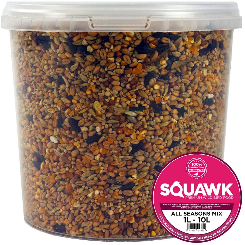 SQUAWKAll Seasons Wild Bird Food Mix | Husk Free Natural Garden Seed | Contains Black Sunflower, Wheat and Small Seeds | Enhanced Feed Mixture | Protein Rich Balanced Vitamin Recipe (1L Tub)