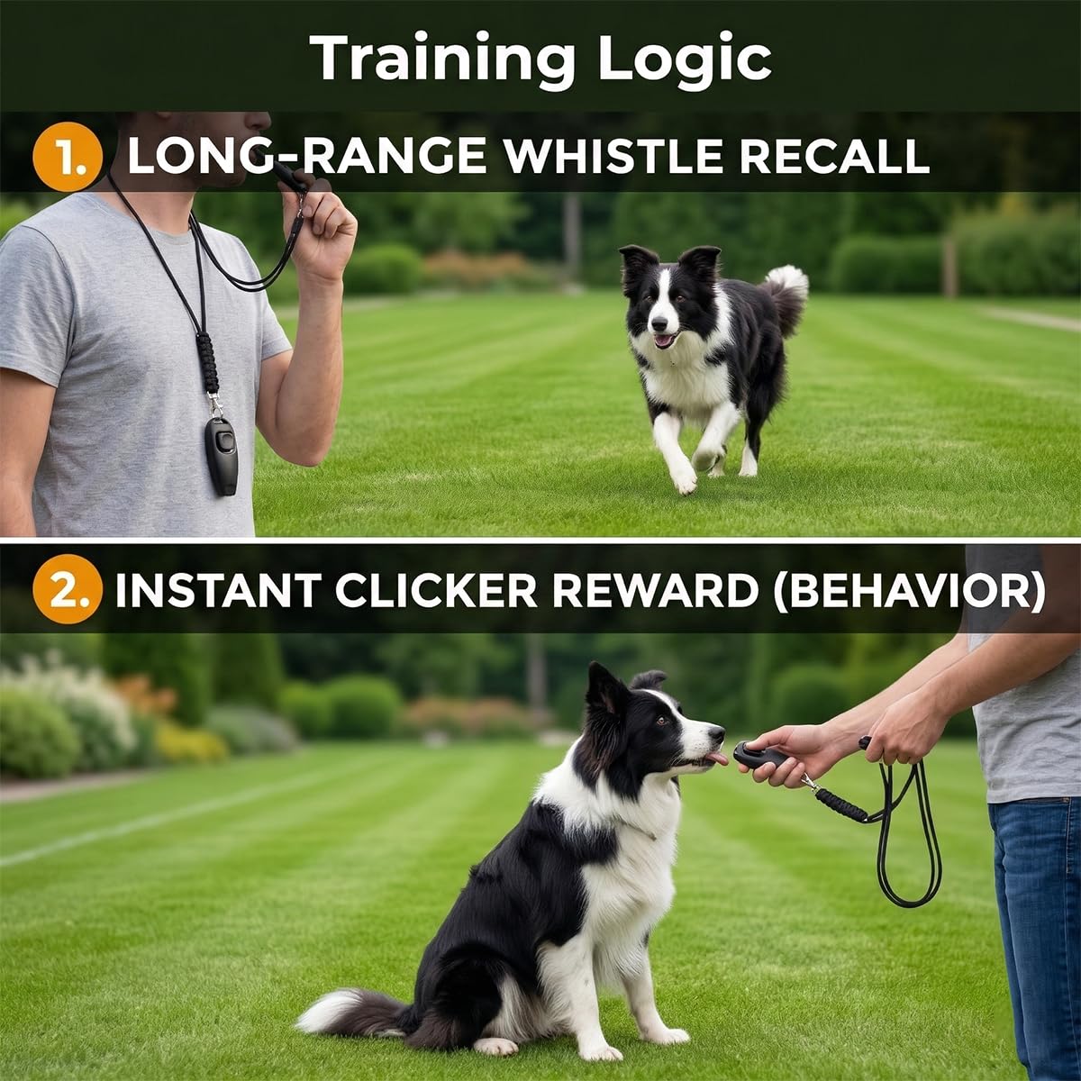 Set de formation 2 en 1 avec sifflet et clicker pour chiens, noir, avec bracelet de poignet, clicker et sifflet pour rappel, accessoire pour la formation des chiots et des chats, pour l