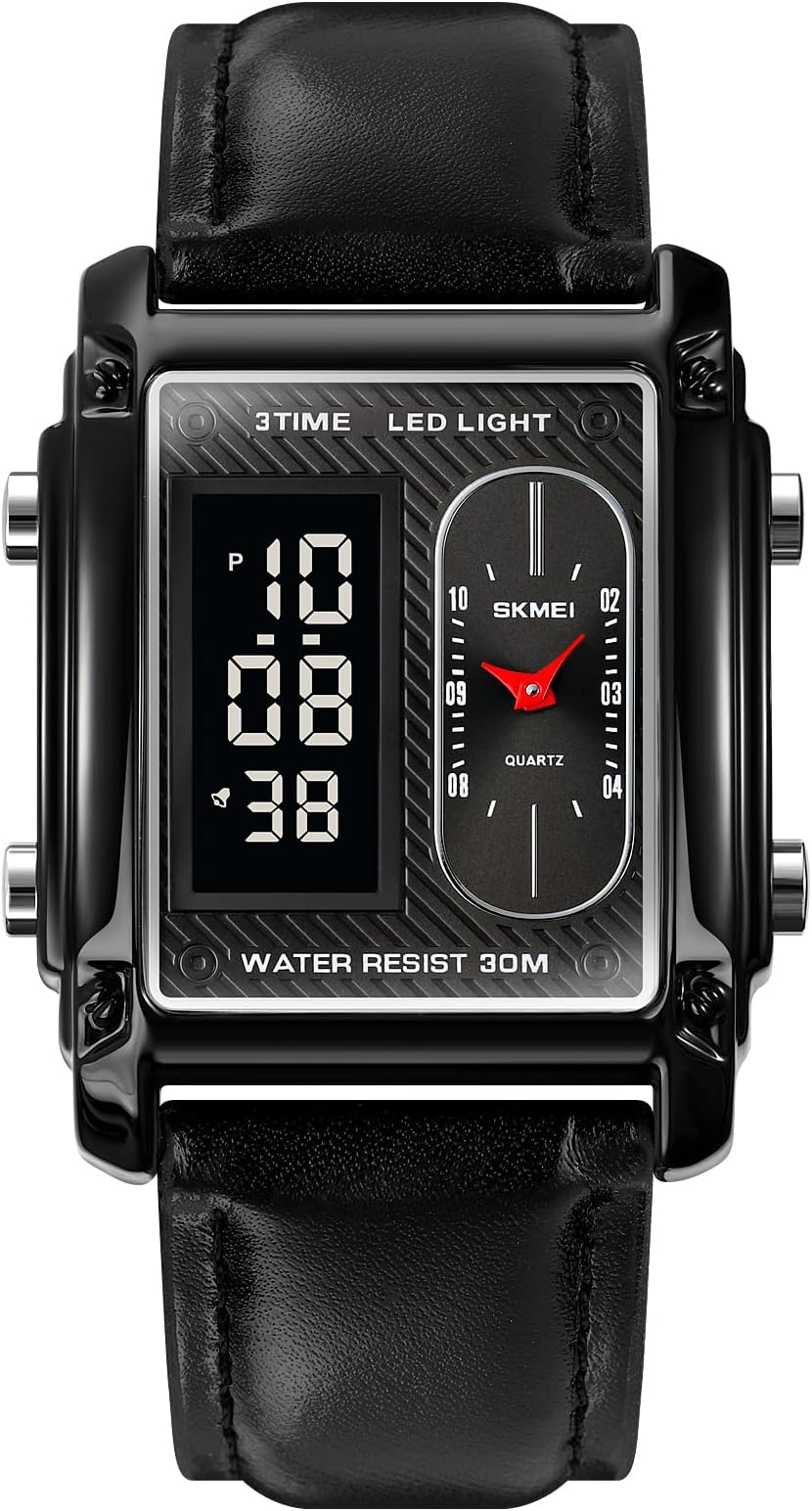 FANMIS Men's Rectangle Dial Sports Wrist Watches with 7 Colors Optional LED Backlight Multifunctional Alarm Stopwatch 12/24H Rubber Strap Watch