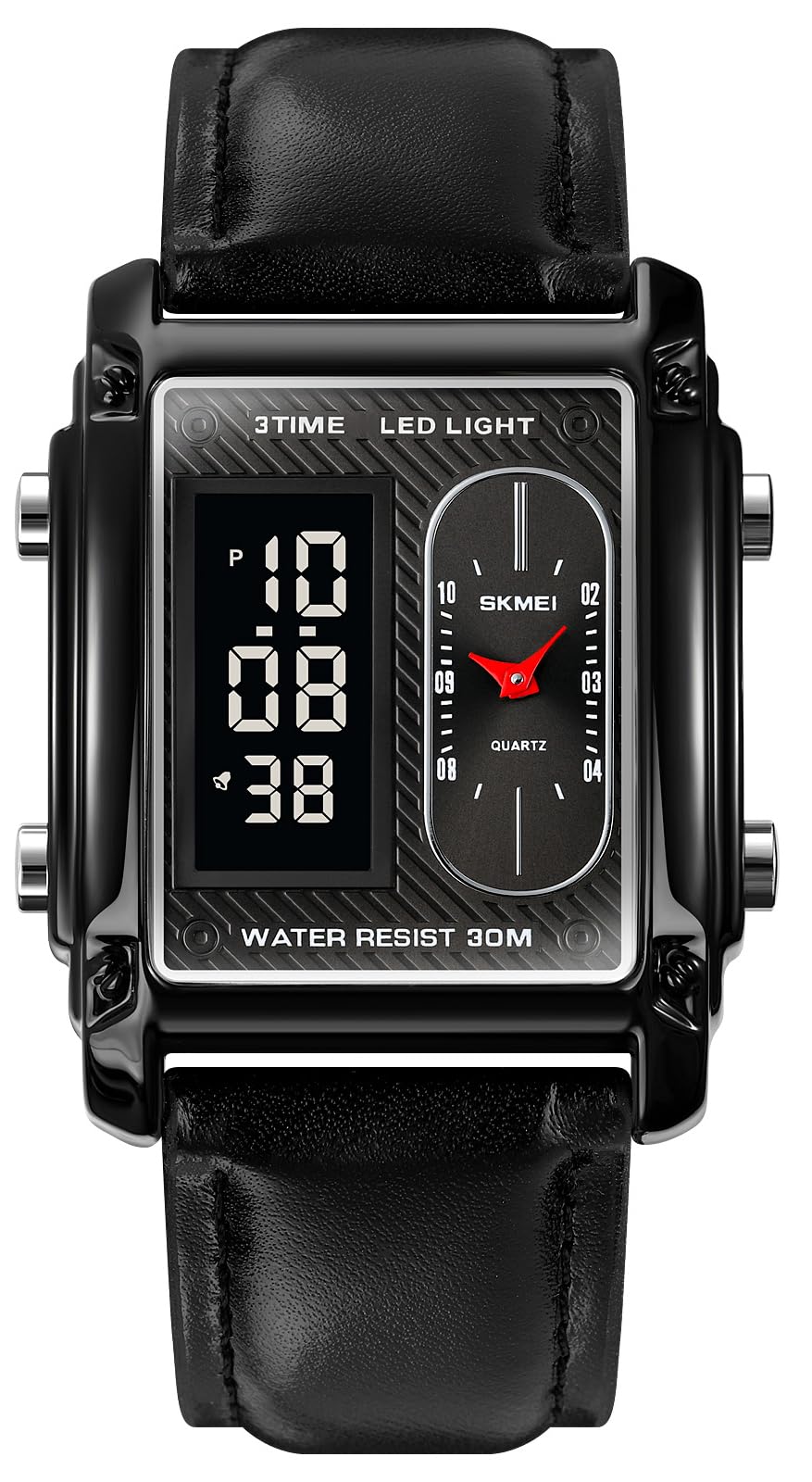 FANMIS Men's Rectangle Dial Sports Wrist Watches with 7 Colors Optional LED Backlight Multifunctional Alarm Stopwatch 12/24H Rubber Strap Watch