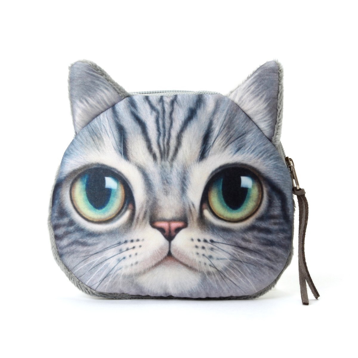 Porte-monnaie Peluche Tête De Chat Réaliste - Fermeture éclair, Gris, 10,5x11,5 Cm, Idéal Cadeau Mignon