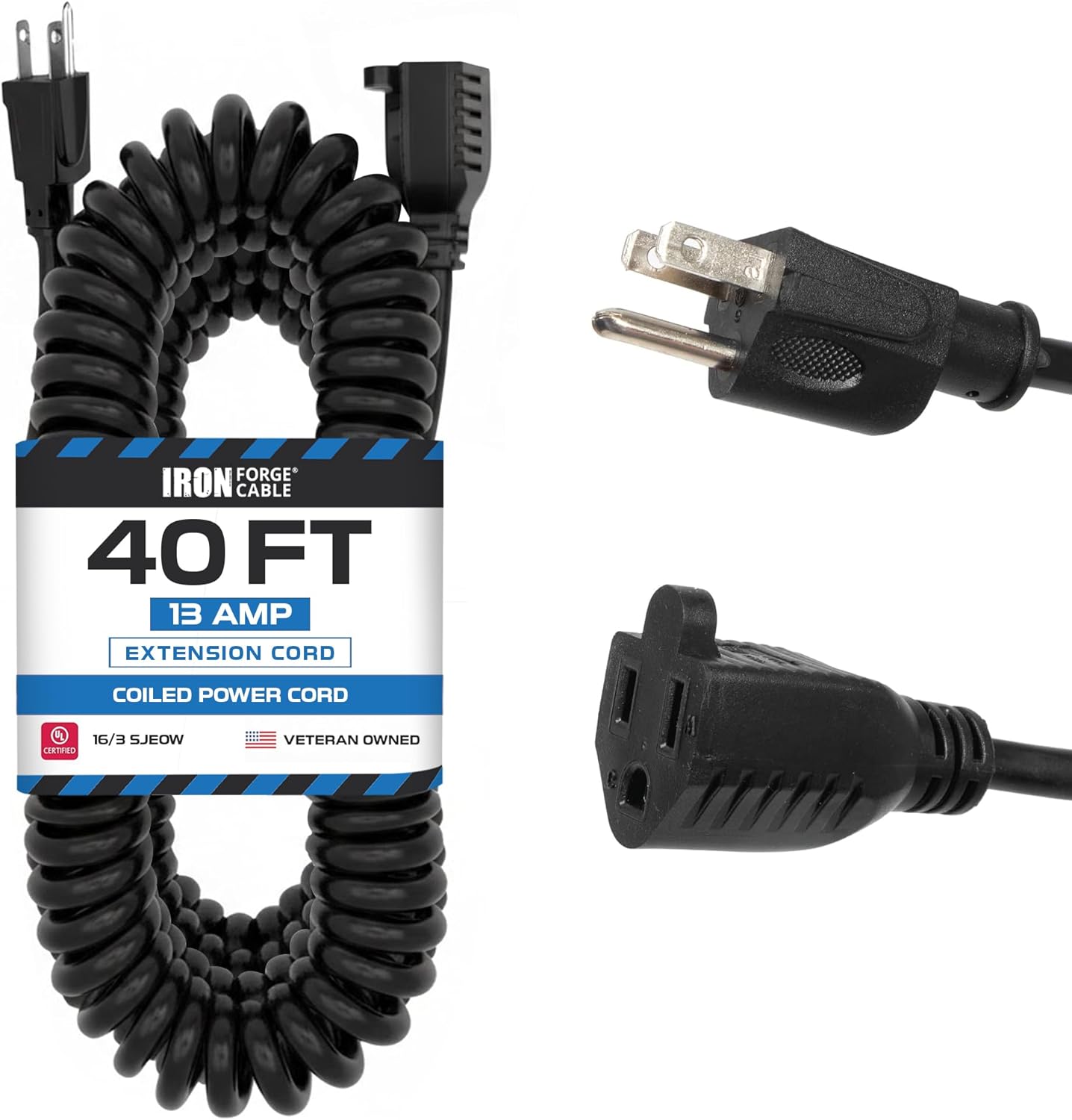 Iron Forge Cable SJEOW Black Outdoor Coiled Extension Cord 40 ft, 16/3, 13 Amp Oil Resistant & Flame Retardant 3 Prong Coiled Wire for Outdoor & Indoor