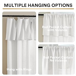 PrinceDeco Linen Curtains with Attached Valance for Living Room, Light Filtering Farmhouse Semi-Sheer Treatments Rod Pocket/Ring Top for Bedroom, 2 Panels Set - W52 x L108 Inch, White