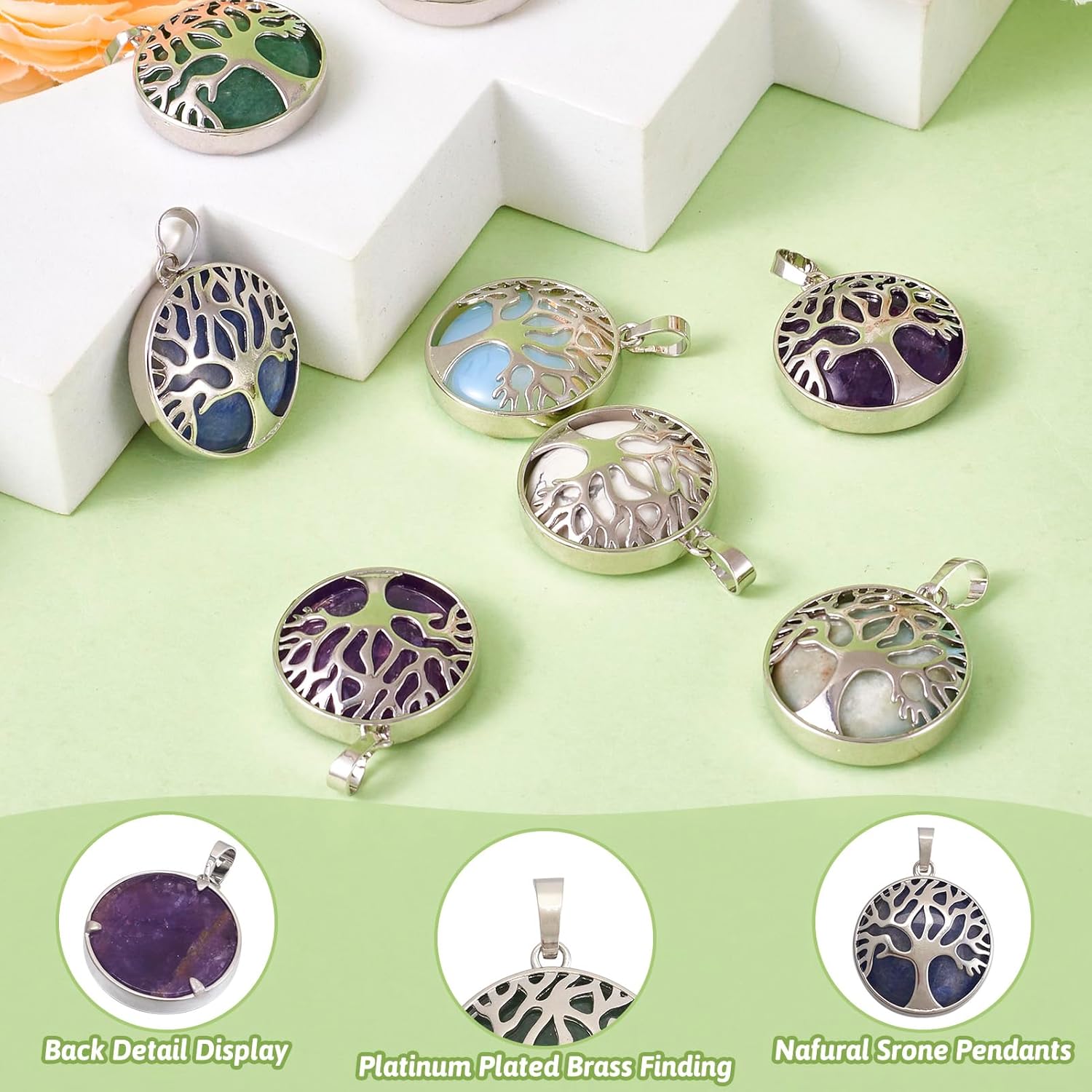 Beadthoven 10pcs Tree Of Life Charms Pendants Mixed Natural Gemstone Pendants Platinum Round Healing Energy Stone Crystal Chakra Charms for DIY Necklaces Jewelry Making Accessories - Image 3