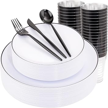 ejonirinjonir 180pcs Elegant White Plastic Plates for Wedding, Black Trim | Premium Plastic Dinnerware Set and Fancy Plastic Dinnerware Sets Featuring White Plates with Black Trim for Party Reception