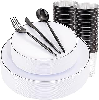 EI 180pcs White Plastic Dinnerware Set Include Black Disposable Silverware,Dinner and Dessert Plates,Cups,White Plastic Plates with Black Rim Perfect for Wedding,Birthday,Partys,Business Events,Hotel