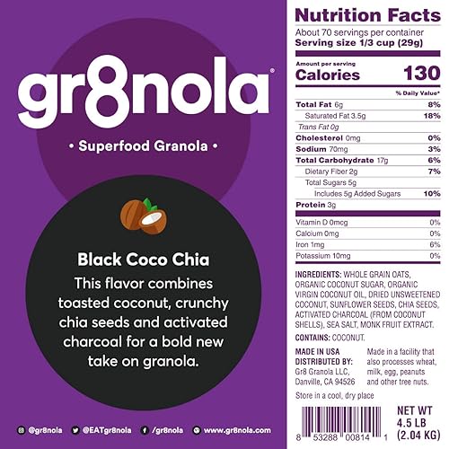 Miniatura 7 de gr8nola CACAO CRISP - Cereal de granola saludable y bajo en azúcar vegano a granel, hecho con semillas de cacao, coco y girasol, sin soja, sin