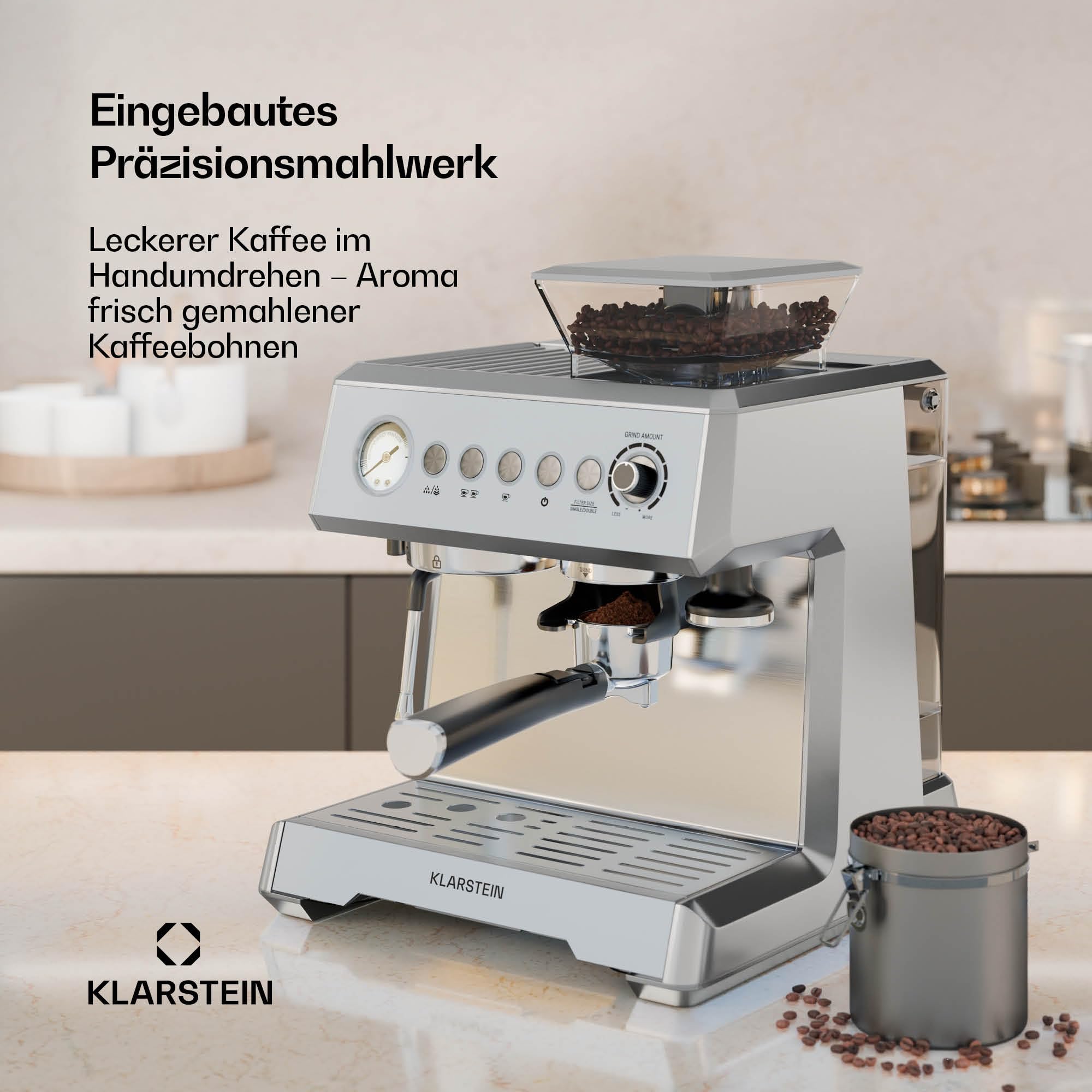 Klarstein GrandPresso Siebträgermaschine Mit Mahlwerk – 20 Bar, 1.350 W, Integriertes Präzisionsmahlwerk, Dampfdüse, 2,3-l-Wassertank, Tassenwärmer