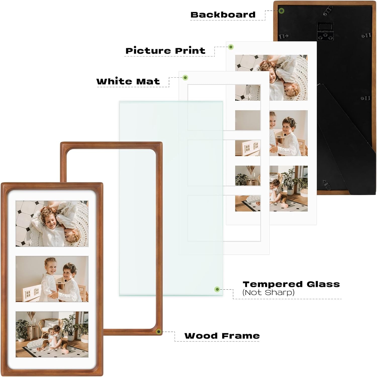 Golden State Art, 4x6 Collage Picture Frame - Solid Wood with Real Glass - Multi Picture Frame for (3) 4x6 Photos or One 7x14 Print - Rounded Corner Design - Collage Wall Decor - Brown