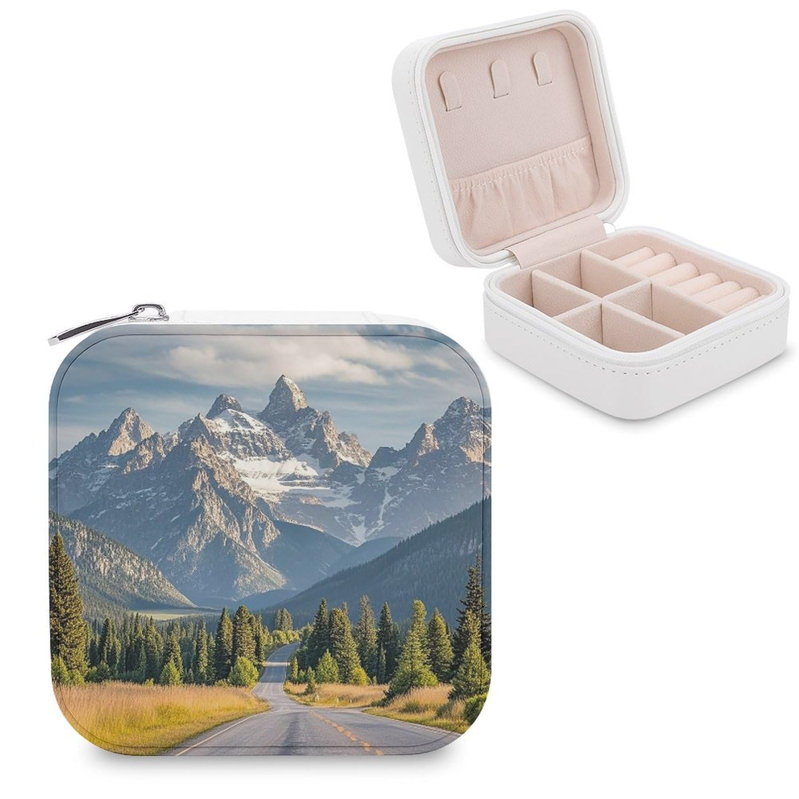 FekiLoot Grand Teton National Park Personalized Leather Jewelry Case, Travel Jewelry Box, Small Portable Jewelry Organizer for Rings, Earrings, Necklace and Bracelet