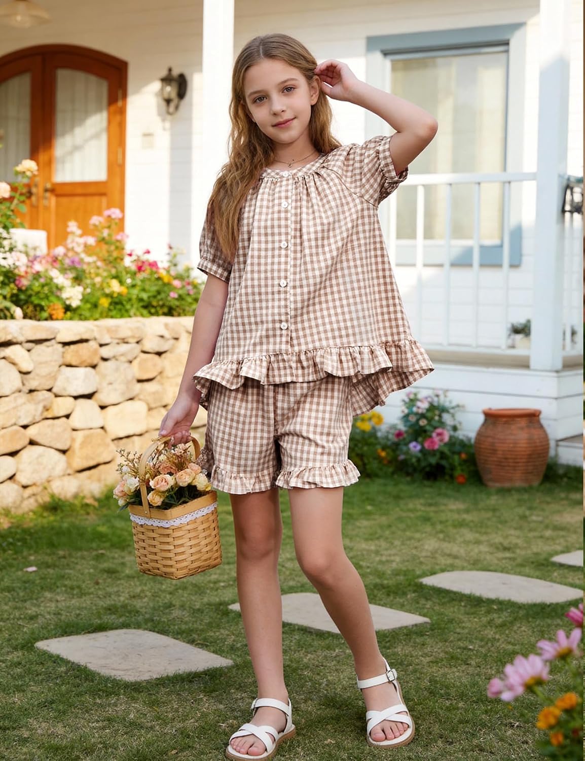 Girls Summer Clothes Sets Plaid 2 Piece Outfits Cotton Ruffle Peplum Shirt Kids Gingham Shorts Set 5-14 Years