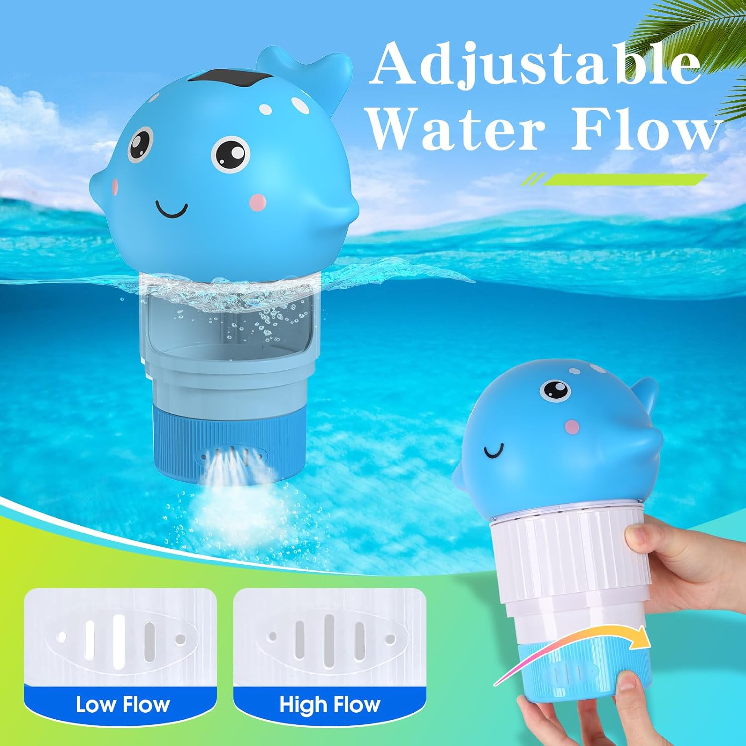 Blufree Pool Chlorine Floater, Solar Chlorine Tablet Floater w/Adjustable Release, Glow in The Dark Large Capacity Whale Floating Chlorines Dispenser for Pool Hot Tub Spa Fits 3 Inch Tabs