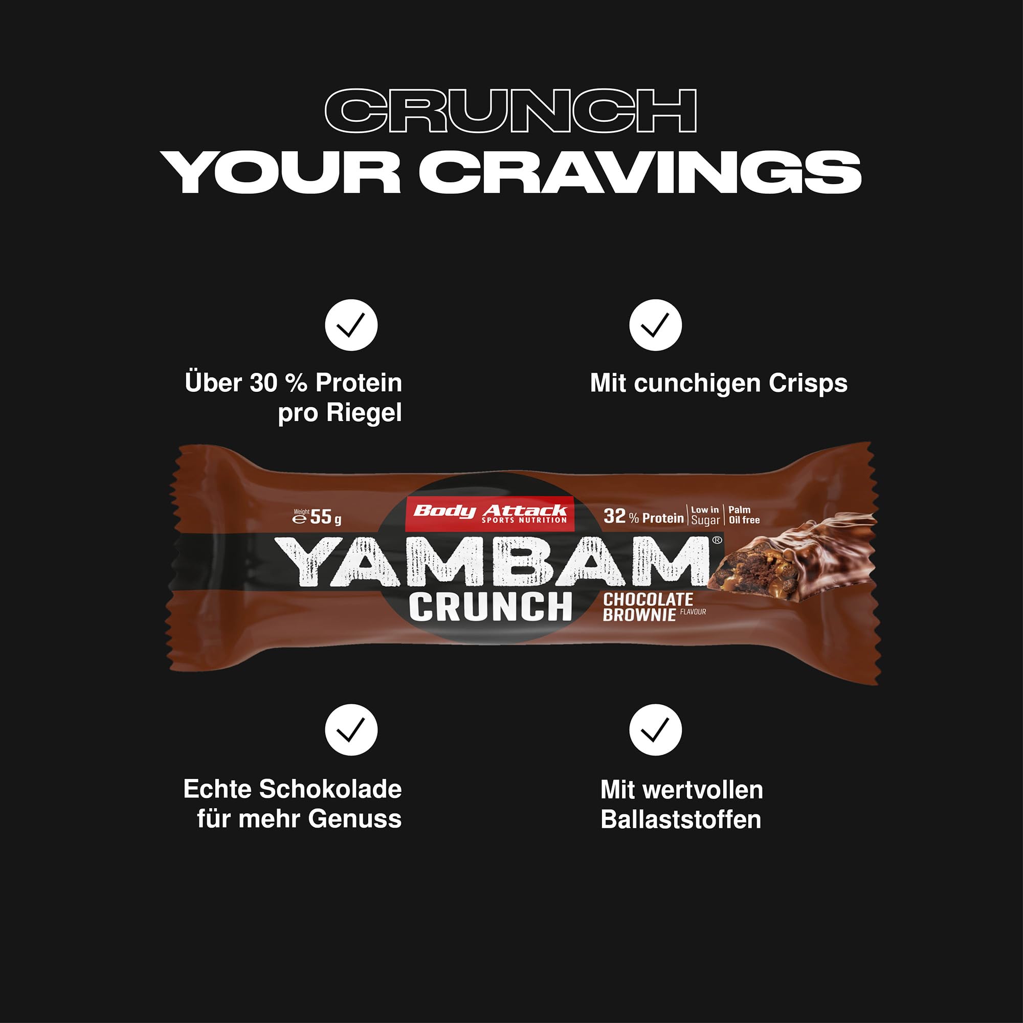 Body Attack Nutrition - Barretta Di Yambam Crunch In Lattina (15x55g) - Barrette proteiche - Barrette a basso contenuto di zucchero - Brownie