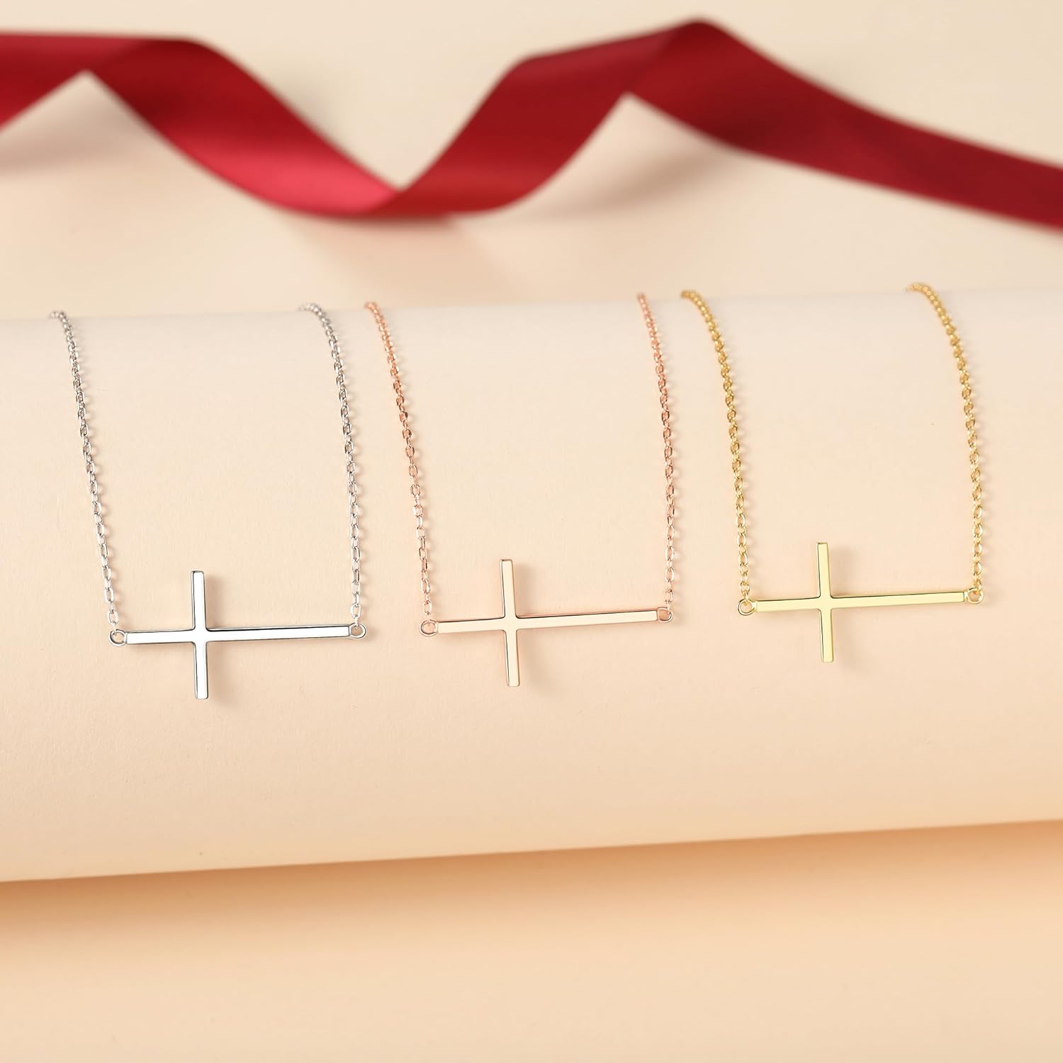 My Daily Styles 925 Silver Sideways Cross Necklace For Women Latin Cross Necklace with Adjustable Chain - Gold and Silver Cross Necklaces for Girls - Perfect Religious Gift