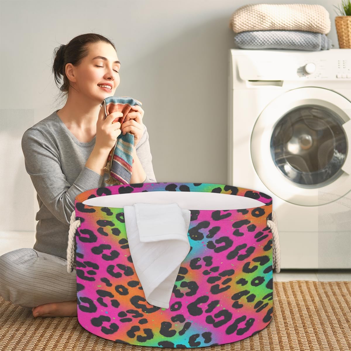 Large Storage Baskets - Rainbow Leopard Print Nursery Round Collapsible Organizer Bin Box, Laundry Hamper for Kids Toys, Blanket, Bedroom Living Room Home Decor, Gift Basket, 19.4"x13.3"