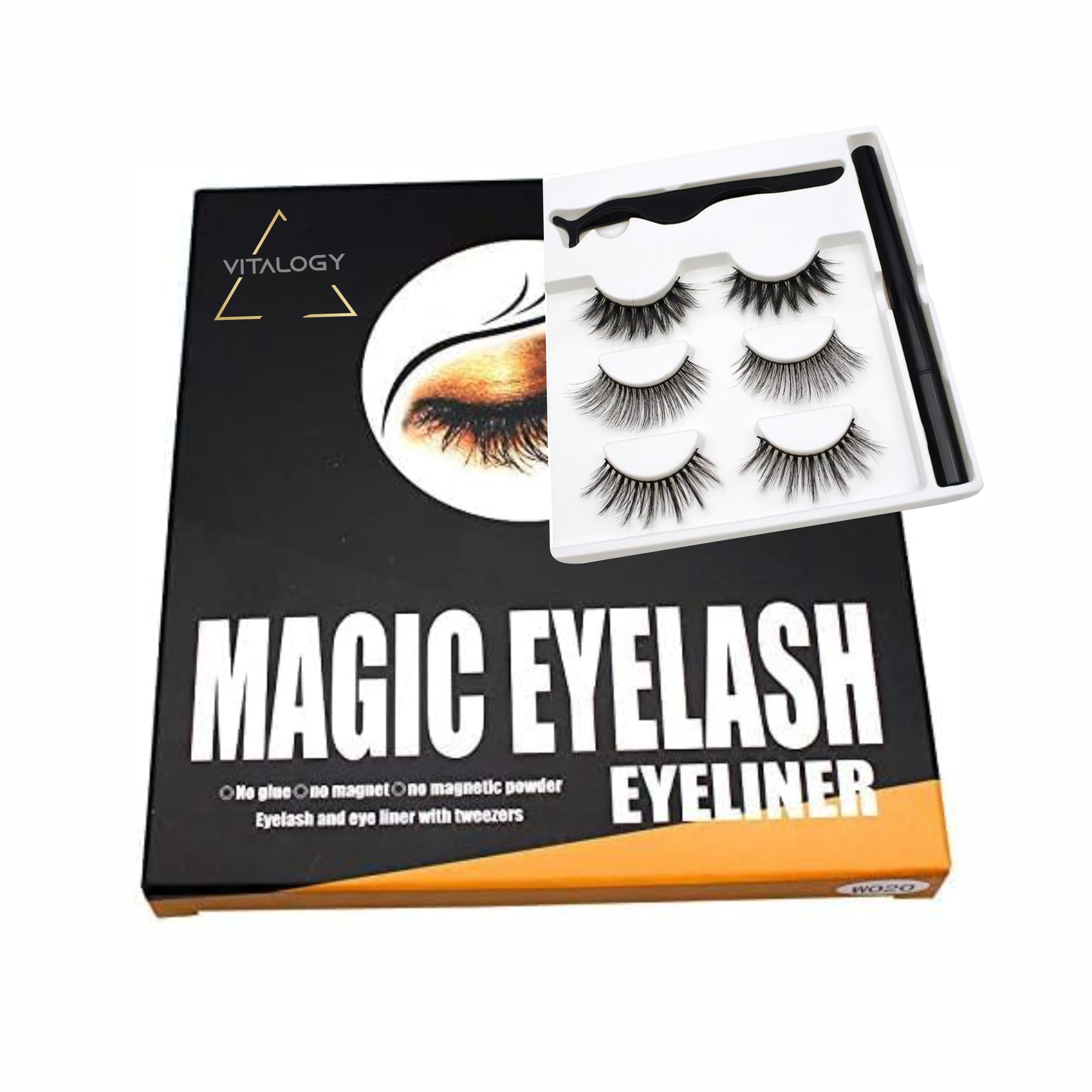 Vitalogy - Magnetic Eyelashes for Women - 3 Pairs REUSABLE Eyelashes with Tweezer Lash Applicator and Black Eyeliner - Best 3D Look, Reusable Fake Eye Lash, No Glue-image-6