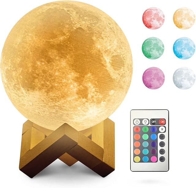 Bryte Moon Lamp - Brightness Adjustable Touch Moon Light with Remote Control, Choice of 16 Colours & 4 Brightness Modes, Perfect Bedroom Accessory, Desk Decor or Children's Night Light Gift