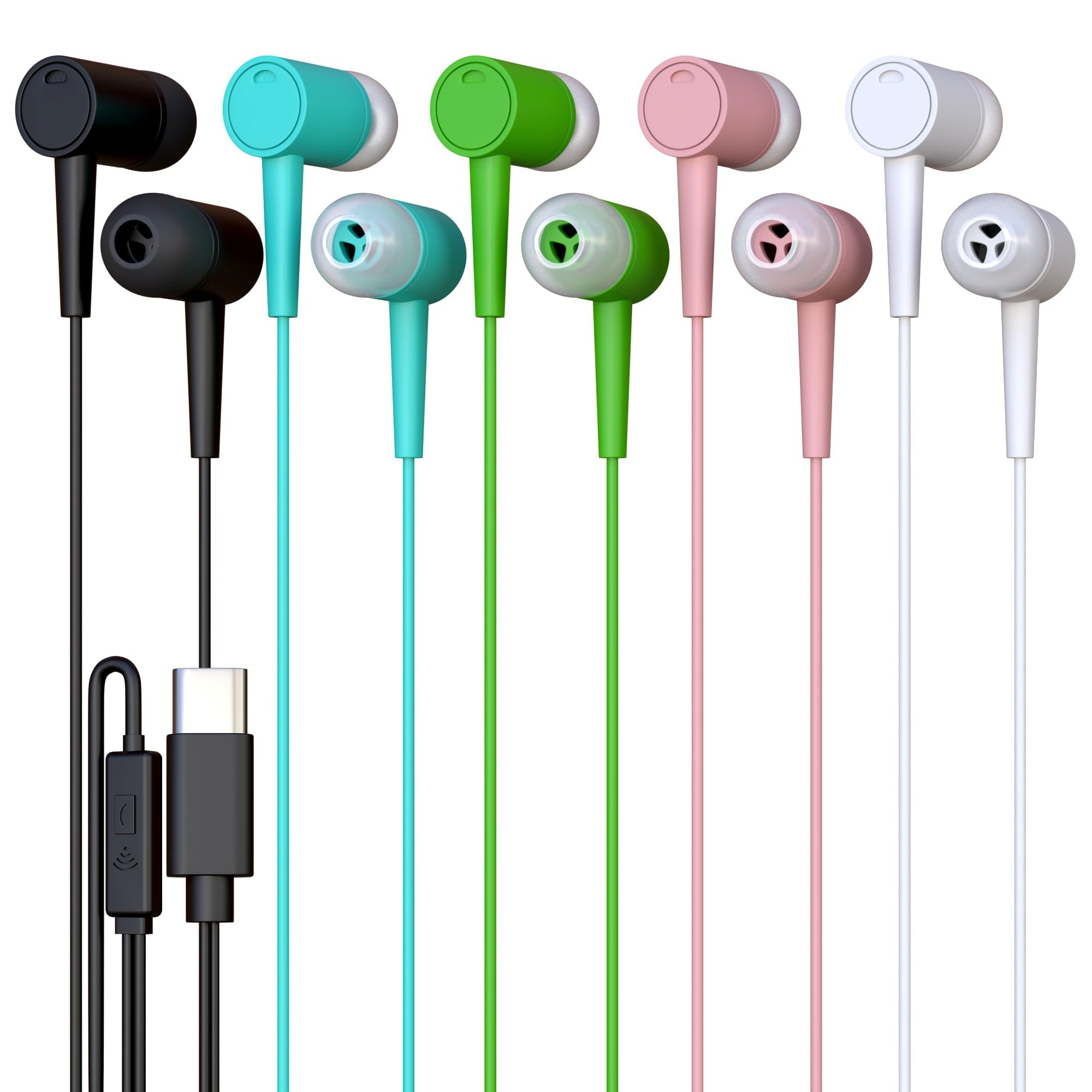 5 Pack Bulk Wired Earbuds, USB-C, in-Ear, Mic, Compatible with Phone, Tablet, Laptop, PC for School, Online Class, Meeting, Conference, Practice, Test, Mix