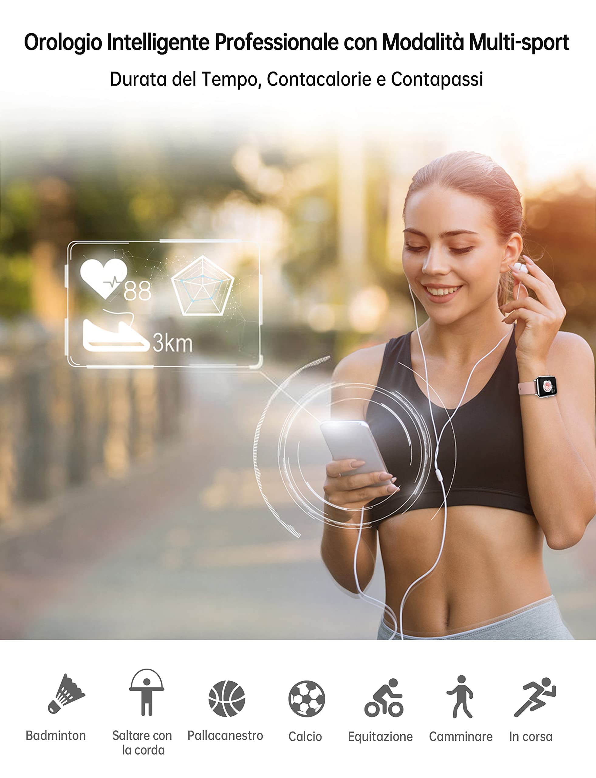 Popglory Smartwatch Uomo Donna, Notifiche WhatsApp e Chiamate,Contapassi SpO2 Pressione Sanguigna Cardiofrequenzimetro,Orologio Sportivo per Android iOS