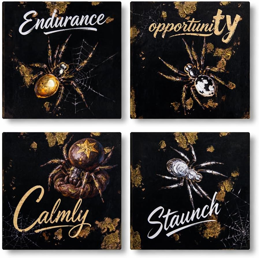 Artiluxy Set of 4 Spider Wall Art – 12×12in Black & Gold Motivational Canvas Prints – “Opportunity · Endurance · Staunch · Calmly” Gothic Inspirational Decor for Office, Studio, Man Cave, Bedroom