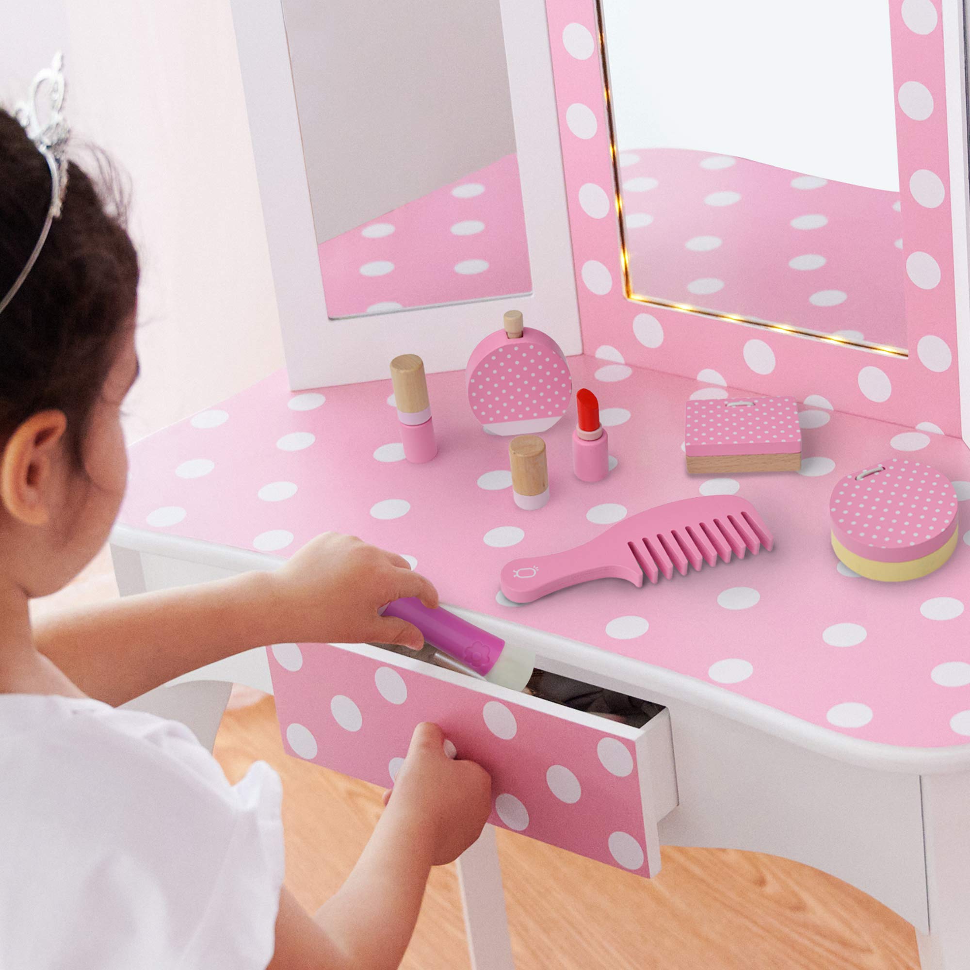 Teamson Kids Wooden Travel Vanity Set Cosmetic Makeup Kit for Girls Dressing Table Pretend Play with Make Up Bag and Accessories - Image 2