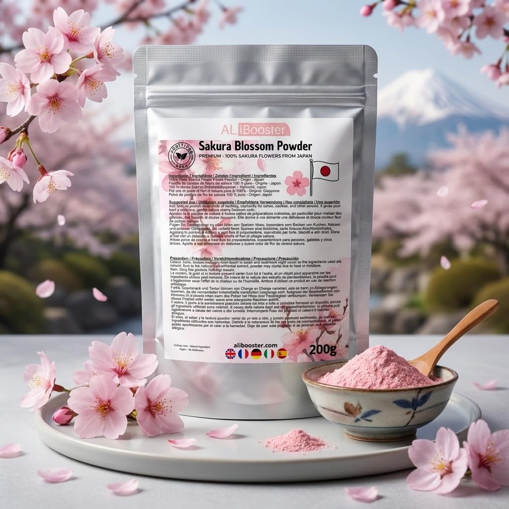 Poudre de Fleurs de Sakura Premium 200 g - Origine Japon - Sakura Blossom 100% Pure - Poudre de Pétales - Pâtisserie, Desserts, Boissons, Bubble Tea & Cuisine Japonaise