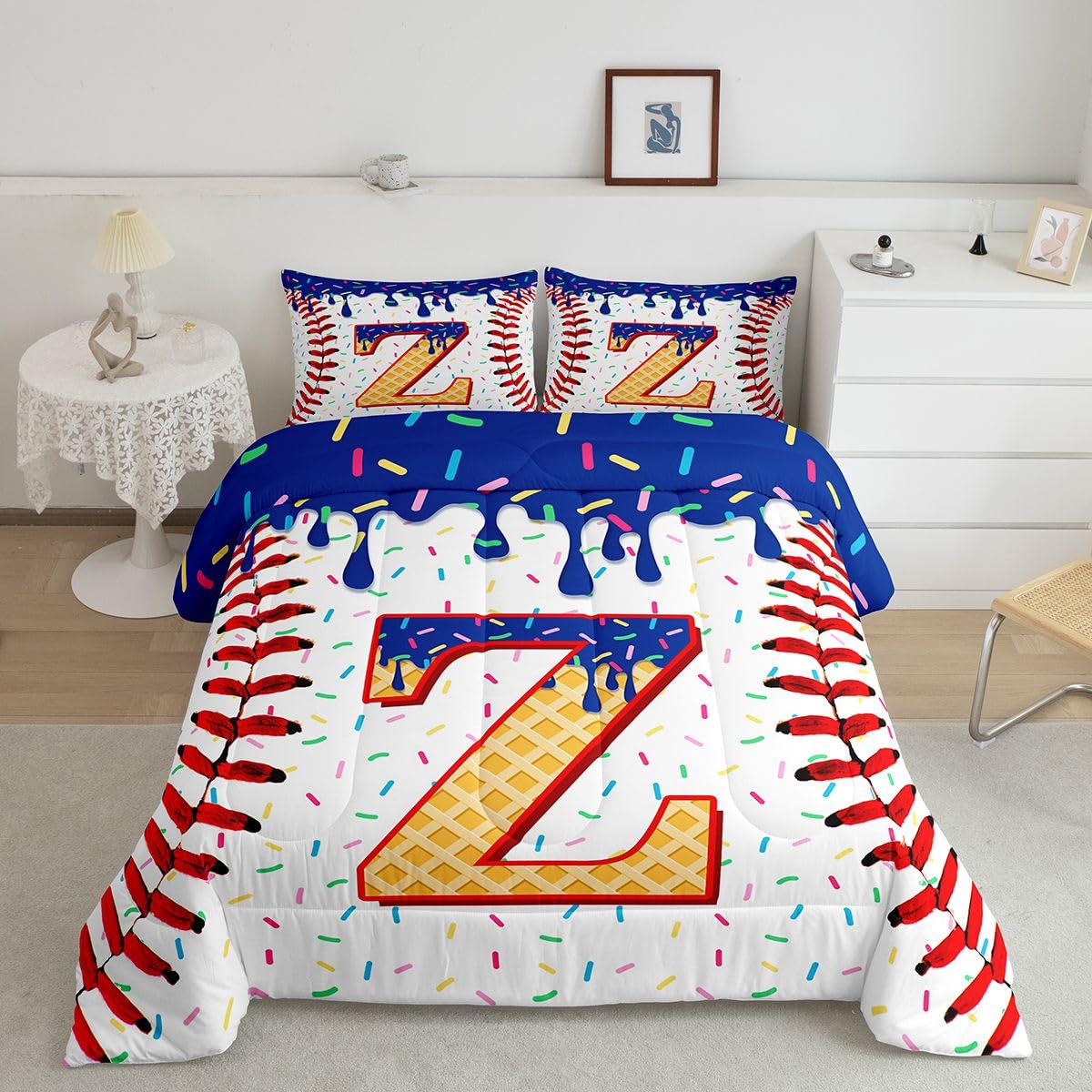 Homewish Zestaw pojedynczej kołdry baseballowej - modny zestaw pościeli z inicjałem Z dla chłopców lodów słodki deser zestaw kołdry - dla dzieci chłopców nastolatków dorosłych sportowa gra w piłkę bez