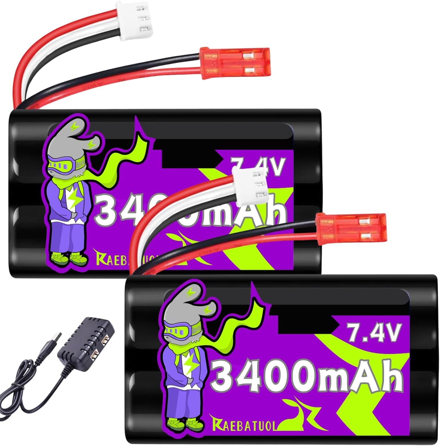 2 Pcs 7.4V 3400mAh JST Plug(red) Rechargeable Li-ion Batteries, Fit for Certain Remote Control Speed Truggy RC Boat Drone Airsoft Water Ball Blaster and 2 in 1 2S Charger