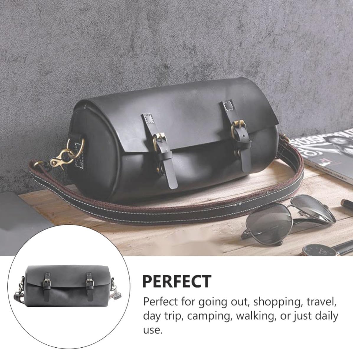 Amosfun Men PU Leather Barrel Crossbody Bag for Daily Commuting