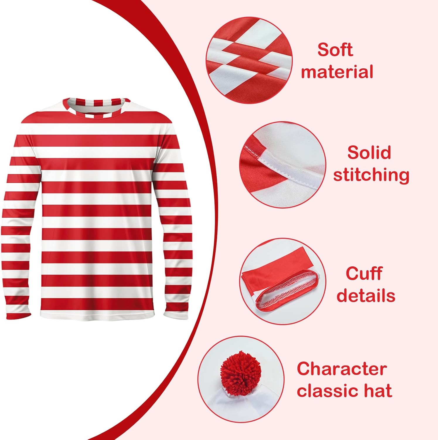 Adult Red and White Striped Shirt Men Funny Halloween Costumes Shirt Hat Socks and Glasses Suits - Image 3