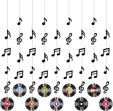 9 Pcs Rock and Roll Party Decorations, Music Notes Record Hanging Banners, Vintage Themed Vinyl Record Decorations, 50s 70s 90s Music Theme Paper Cutouts for Birthday Party, Bulletin Board