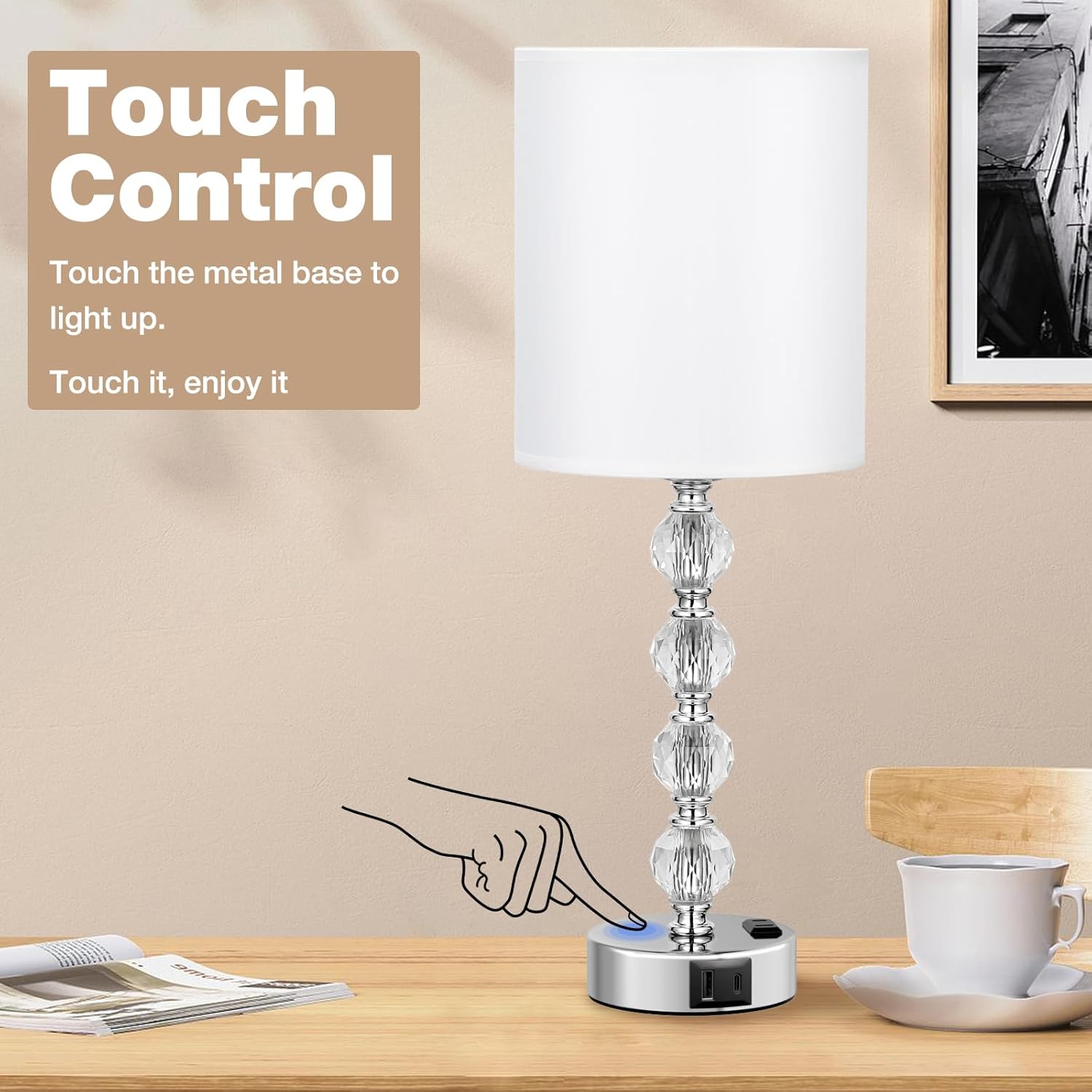 Acaxin Touch Bedside Crystal Lamps for Bedrooms Nightstand with USB C+A Charging Port and AC Outlet White, 3 Way Dimmable Silver Large End Side Table Lamp for Living/Guest/Dinning Room/Kitchen