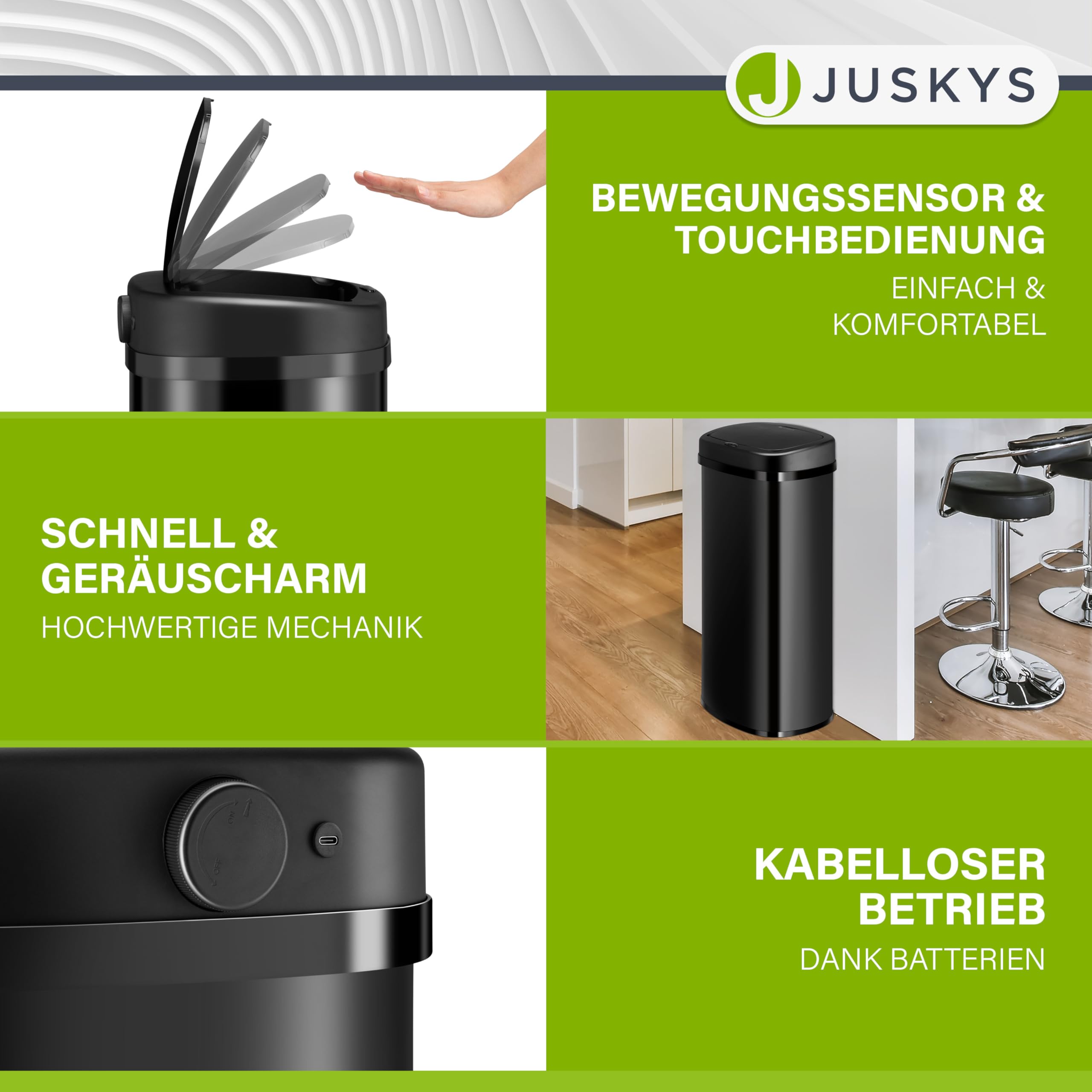 Juskys Mülleimer Küche mit Bewegungssensor Schwarz 70L - Eckiger Abfalleimer mit Klemmring für Müllbeutel - Rostfreier Stahl - Kontaktloses Entsorgen