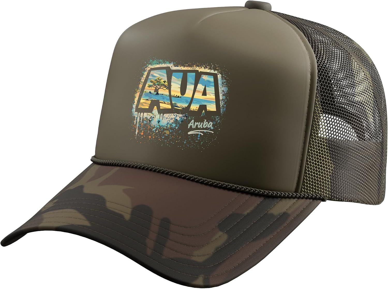 AUA Aruba Street Art Travel Design Trucker Hat with Adjustable Mesh Back