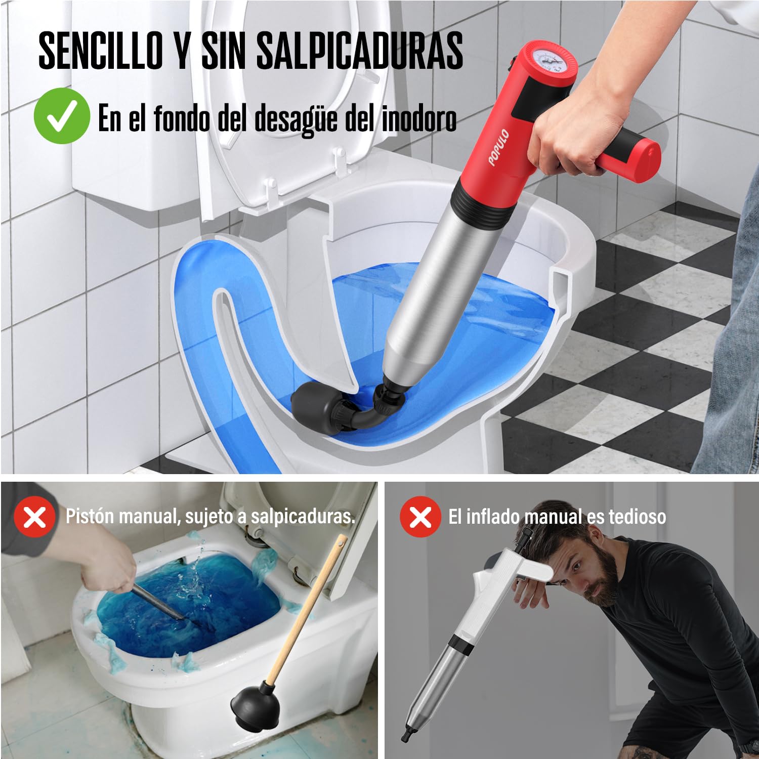 POPULO Desatascador eléctrico de inodoro Swift de alta presión para baño, suelos, ducha, resistente, versátil, removedor de obstrucciones de inodoro