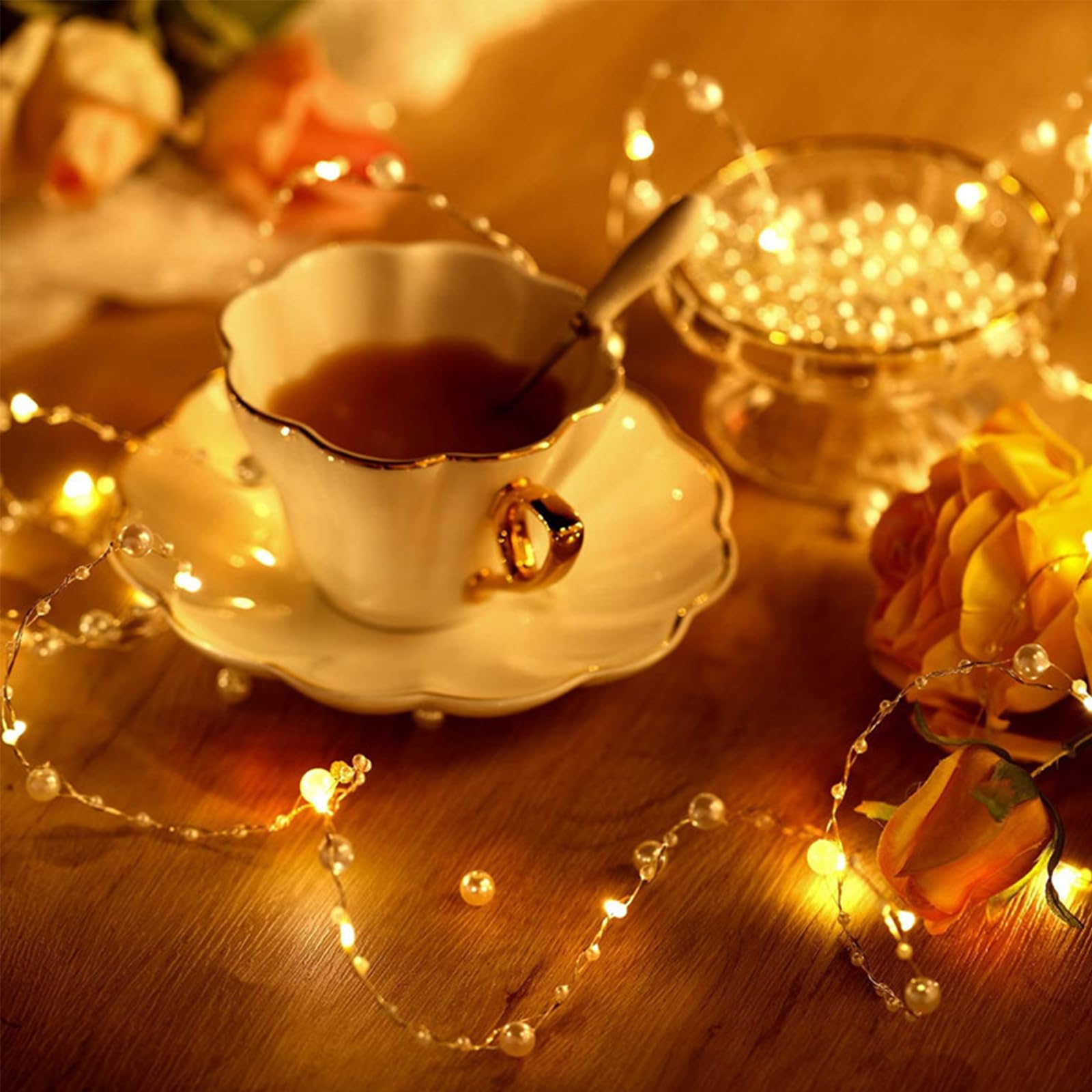 ENLACE Pearl Fairy Lights, 1 m, 10 LED Pearl Garlands, Fairy Lights, Battery Operated, Warm White Pearl Fairy Lights for Wedding, Valentine's Day, Christmas, Party Decoration