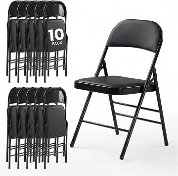 10 Pack Black Folding Chairs with Padded Cushion, Heavy Duty Dining Chair Set Portable Stackable Foldable Metal Chairs with Steel Frame for Home Office Party Indoor & Outdoor Events,350lbs Capacity
