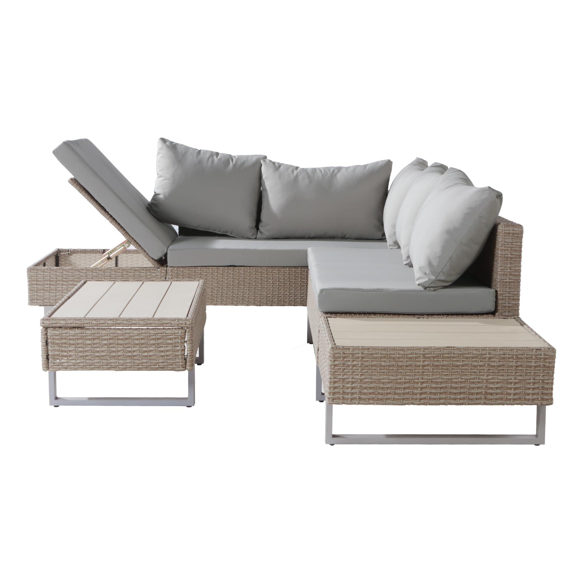 Rtopsu Set di Divani da Giardino in Polyrattan per 5 Persone, Mobili da Giardino Lounge Balcone Mobili da Patio con Divano Angolare Tavolo in Cuscini per Patio Giardino Balcone, Kaki