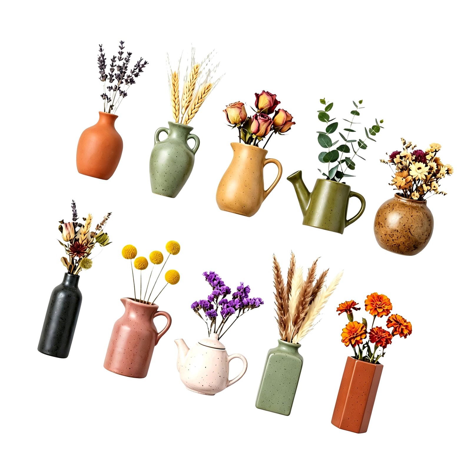 Elnwnnkc Tiny Vase Magnets with Faux Flowers 10 Piece Ceramic Refrigerator Decor Set, Strong Hold Accents for Kitchen Cabinets and Metal Cabinets Metal Cabinet Magnets