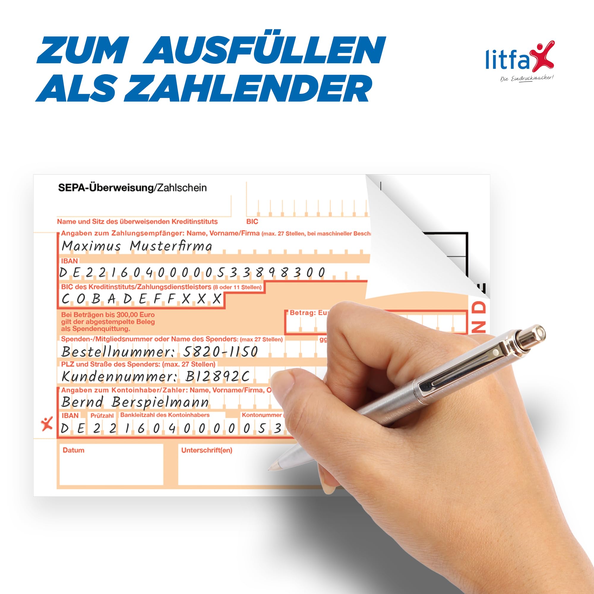 Litfax SEPA Spendenzahlscheine mit personalisiertem Spendenvordruck, 1000 Stück - DIN A6, 2-fach mit Durchschlag, Leicht zu trennen, selbstdurchschreibend - Bankneutral in Deutschland