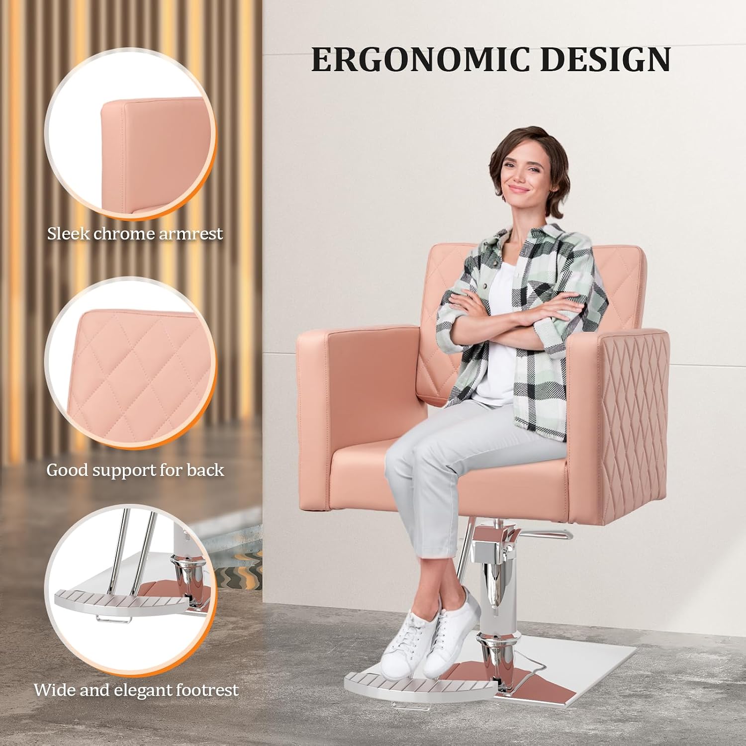 OmySalon Pink Hair Chair with Wide Seat Aluminium Alloy Footrest, Hydraulic Barber Chair for Heavy Duty Salon Use