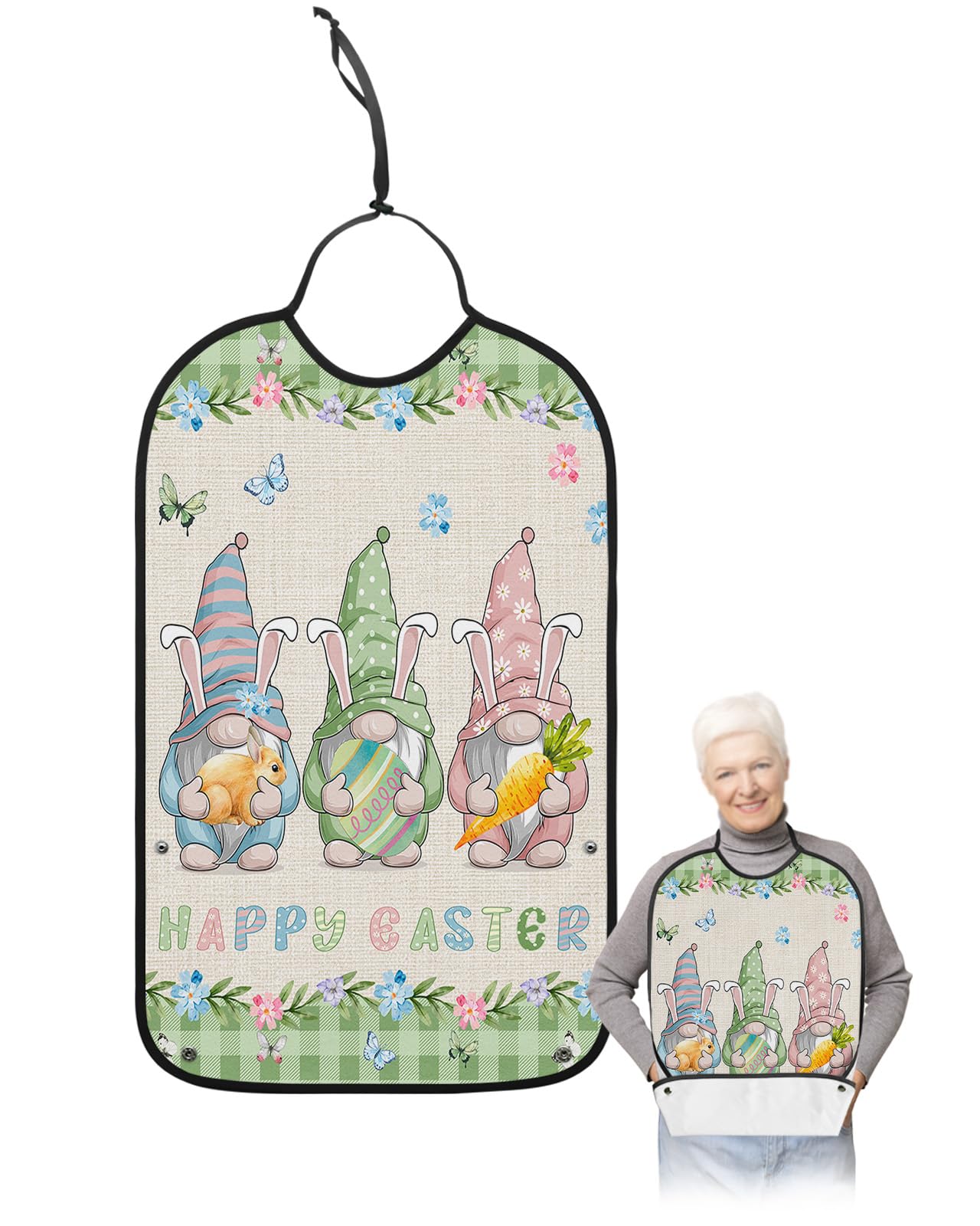 Spring Easter Adult Bibs for Eating, Waterproof Bibs with Food Catcher & Adjustable Snap Closure, Green Buffalo Plaid Bunny Gnomes Colorful Eggs Clothing Protectors Adult Bibs for Elderly Women/Men