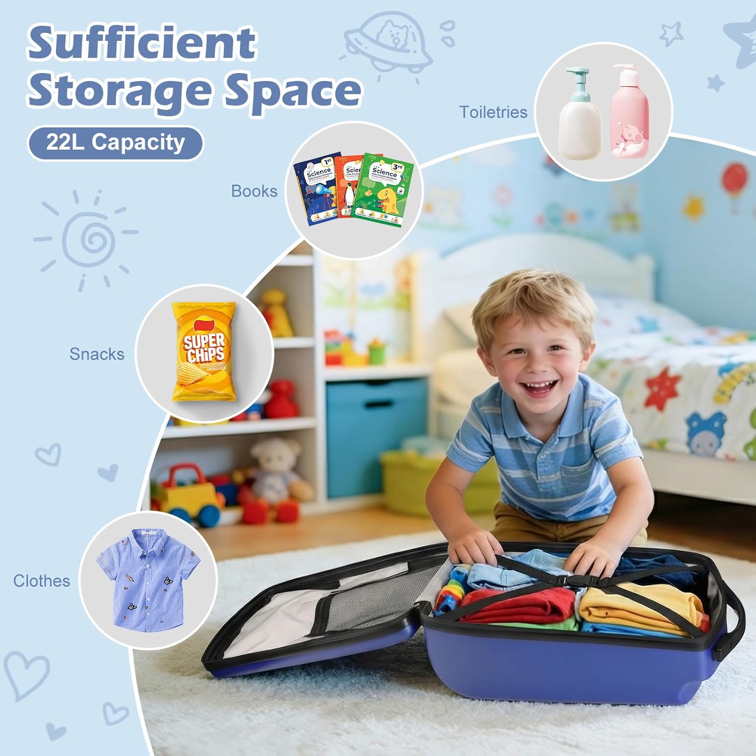 Scooter Luggage for Kids Scooter Suitcase for Ages 4-12, 4 in 1 Kids Luggage Boarding Suitcase Detachable & Foldable Scooter Travel Trolley Ride On Luggage-Blue