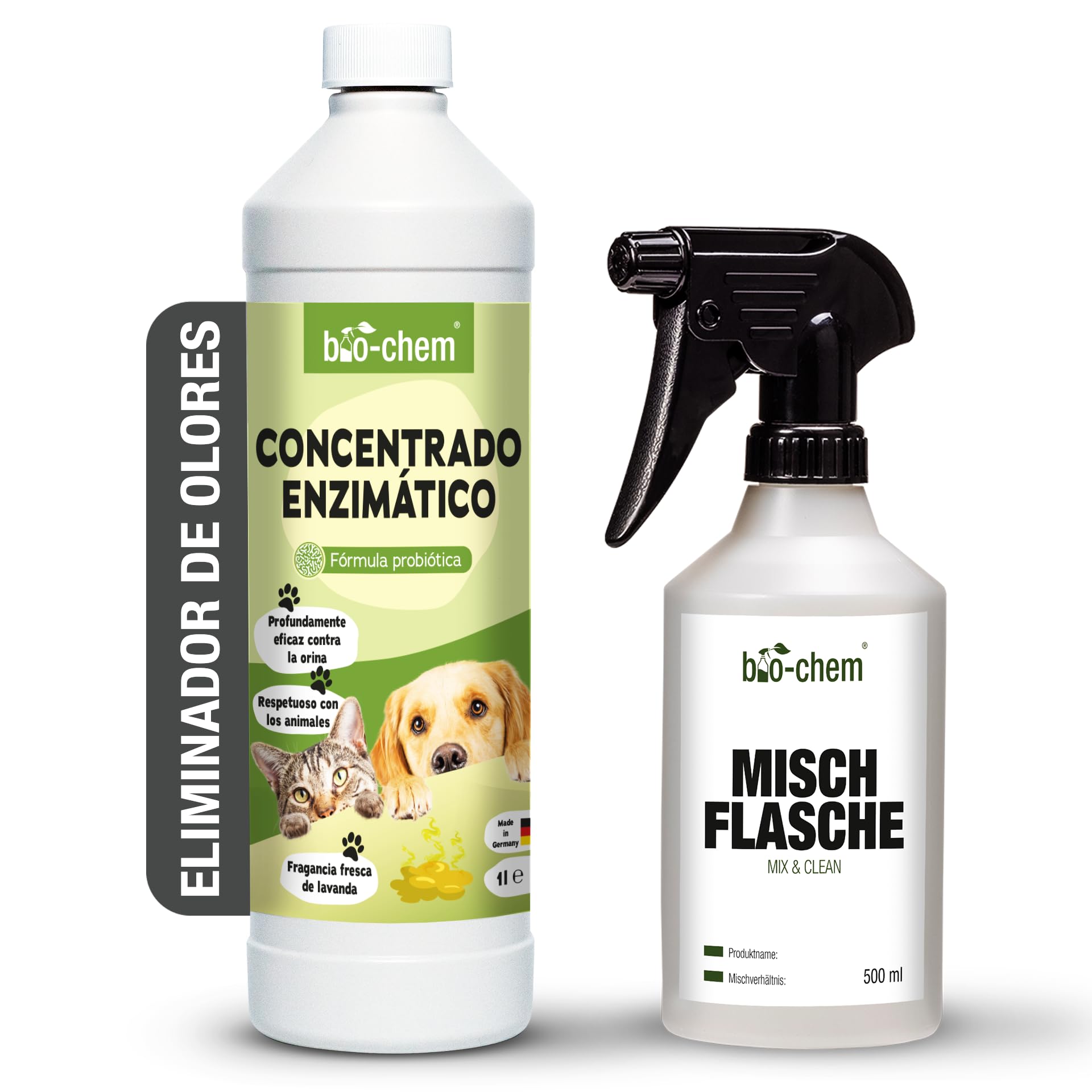 Bio-Chem - Limpiador enzimático concentrado 1L + botella mezcladora - Combate olores y manchas persistentes - Acción probiótica natural para alfombras, tejidos y superficies | Eliminador de olores contra orina, orina de gato y orina de perro para perros y