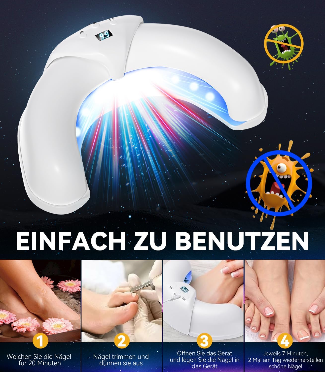 2025 6.0 Nagelpilz Lasergerät【Intelligentes 3 Zeit- 30s/60s/99s】【Duale Wellenlängentechnologie - 470nm Blau & 905nm Infrarot】Ultraportables Faltdesign(White) Antimykotischer Laser